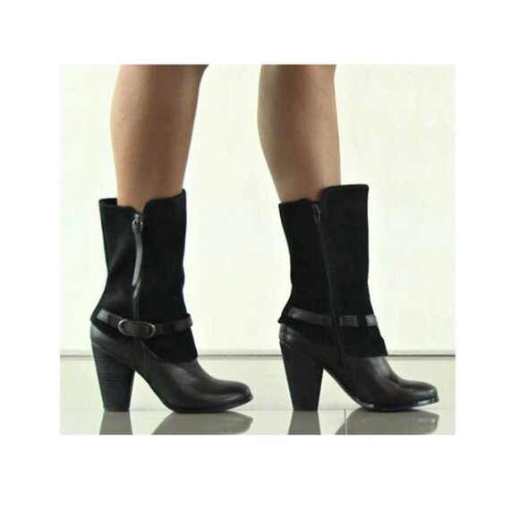 Kensie Shoes - 𝅺Kensie Hunter Size 7 Black Suede Leather Zip Boots Chunky Heel Buckle Wrap.